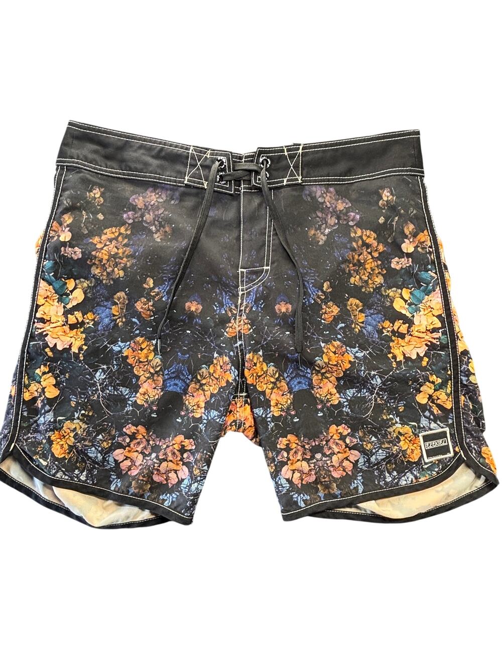 Ezekiel Board Shorts Mens Actual 36 Black Floral Print 7" Drawstring Beach Surf